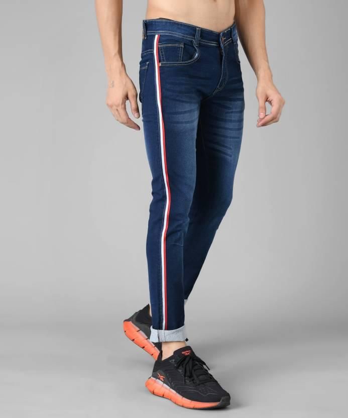 FUDE PRIDE Men's Slim Fit Mid Rise Side Tape Navy Blue Jeans Roposo Clout