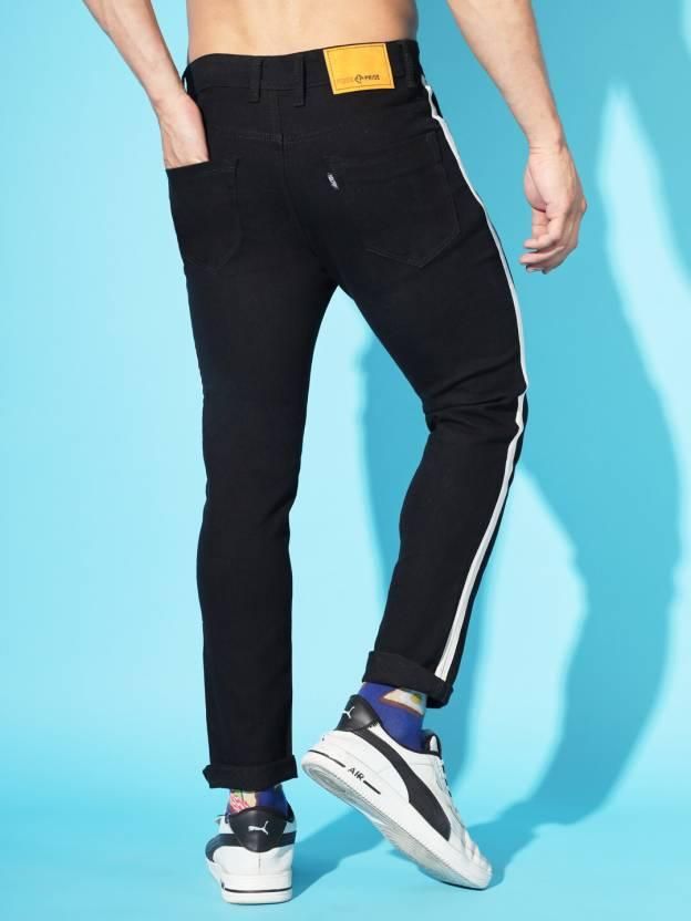 FUDE PRIDE Men's Slim Fit Mid Rise Side Tape Black Jeans Roposo Clout