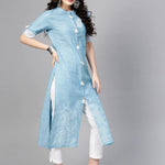 PANNKH Blue Front Tassel Printed Chambray Kurta Roposo Clout