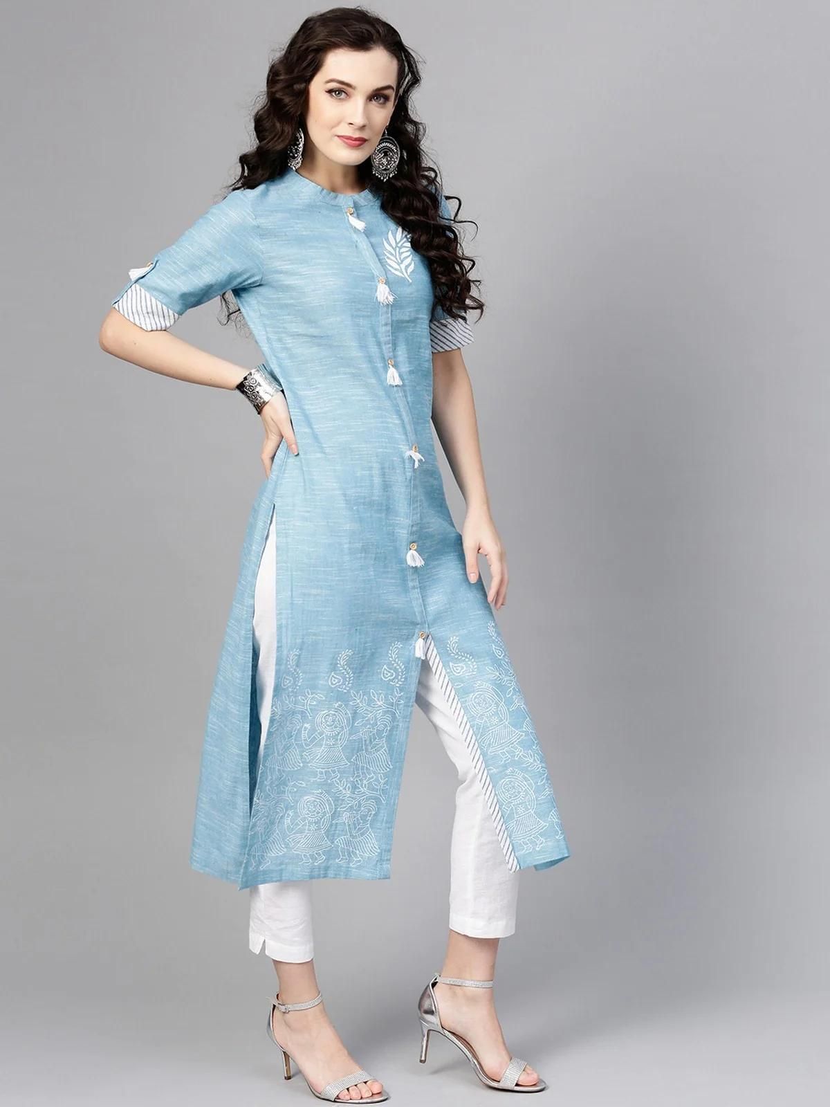 PANNKH Blue Front Tassel Printed Chambray Kurta Roposo Clout