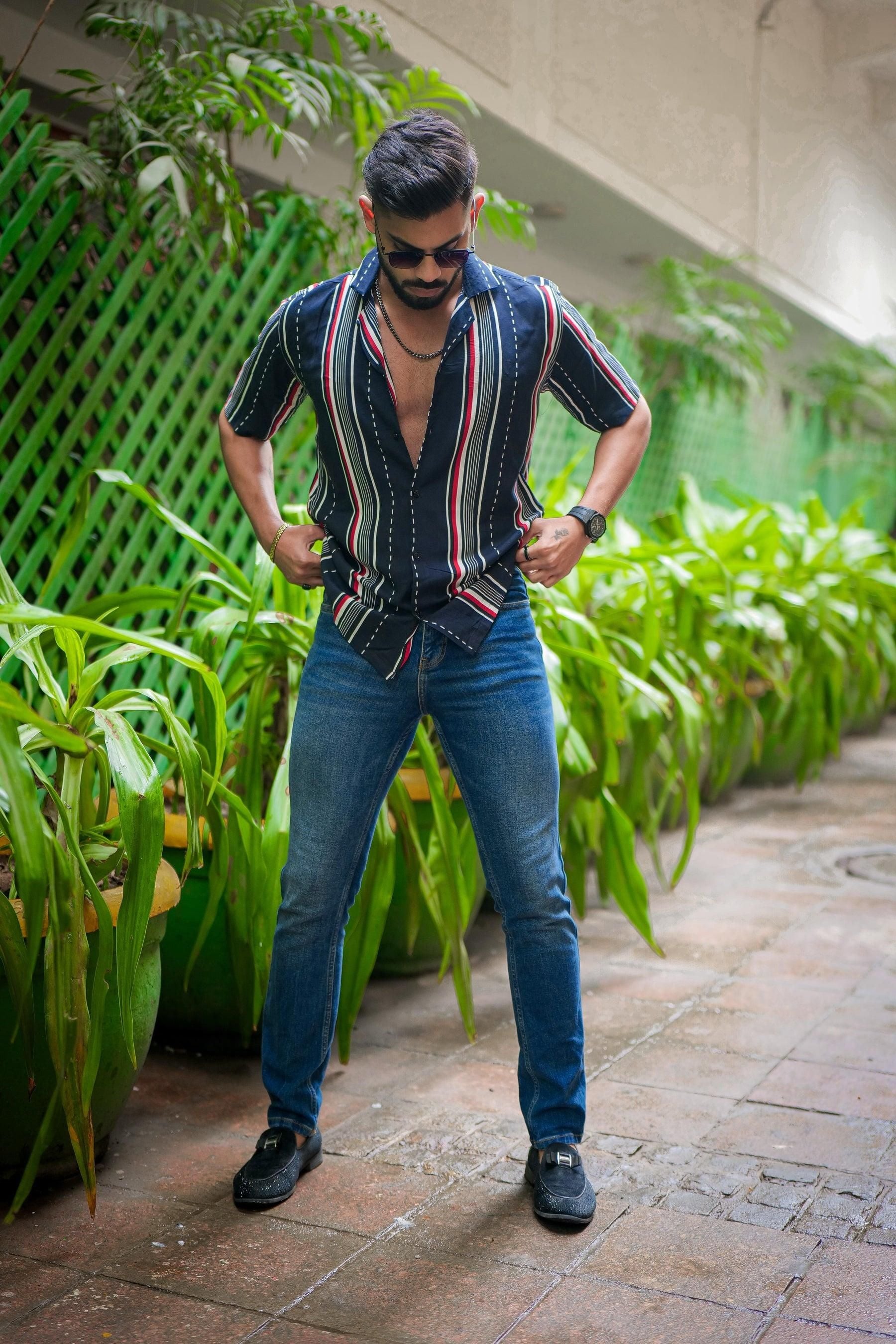 ROYAL TAIL Men's Stripe Print Rayon Cuban Collar Casual Shirt Multicolor Roposo Clout