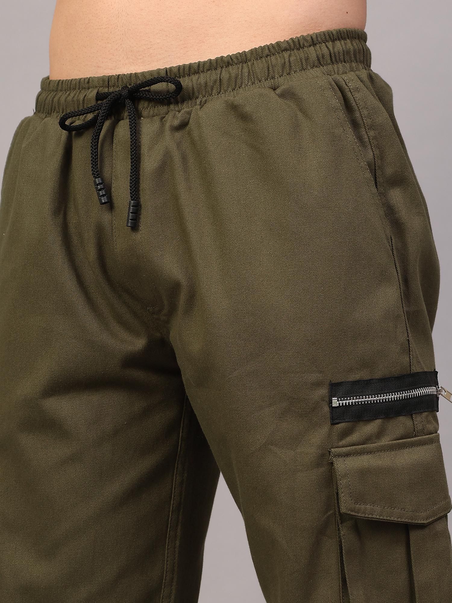 Sprouted Men's Cotton Blend Solid Multipocket Olive Cargo Pant Roposo Clout
