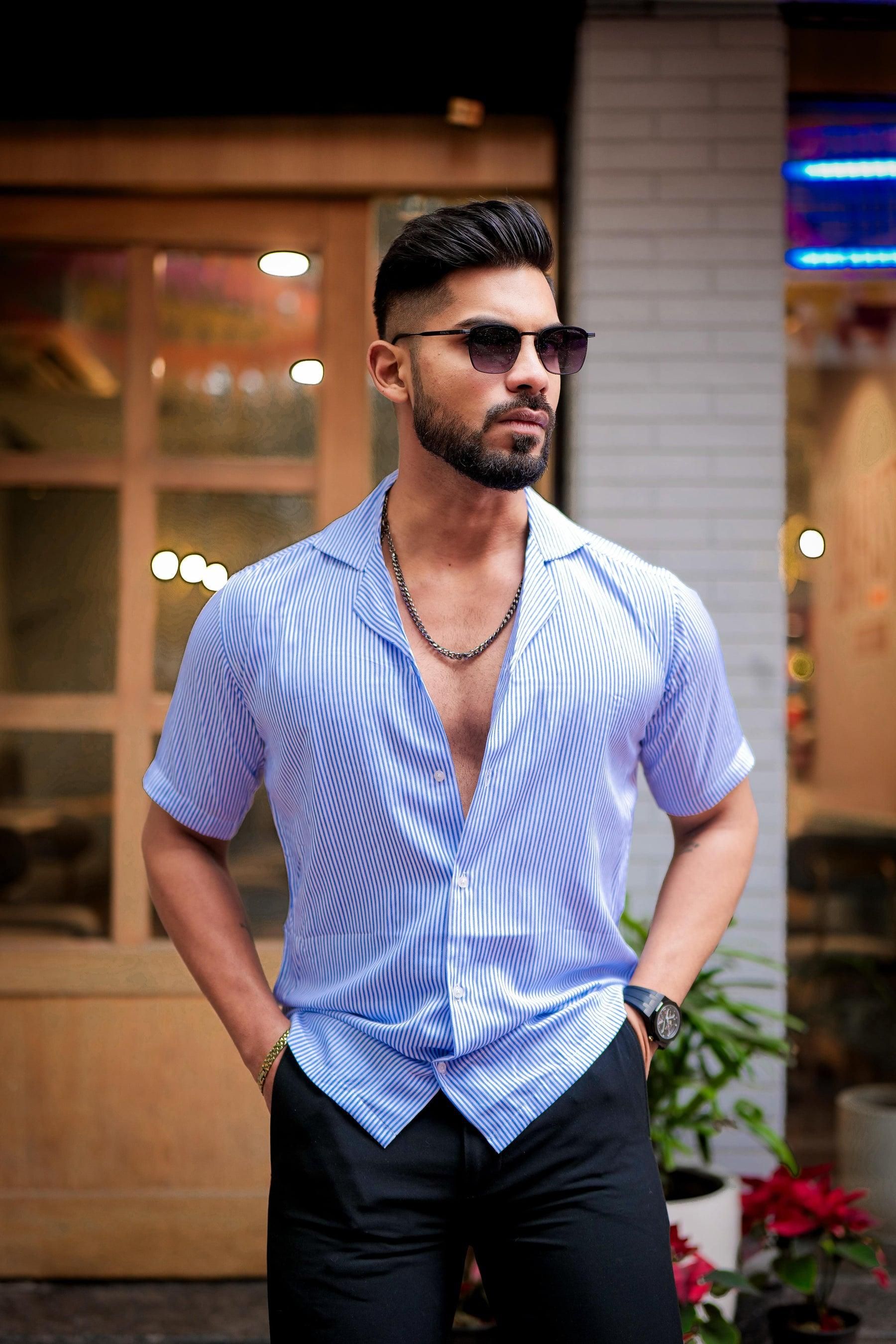 ROYAL TAIL Men's Stripe Print Rayon Cuban Collar Casual Shirt Blue Roposo Clout