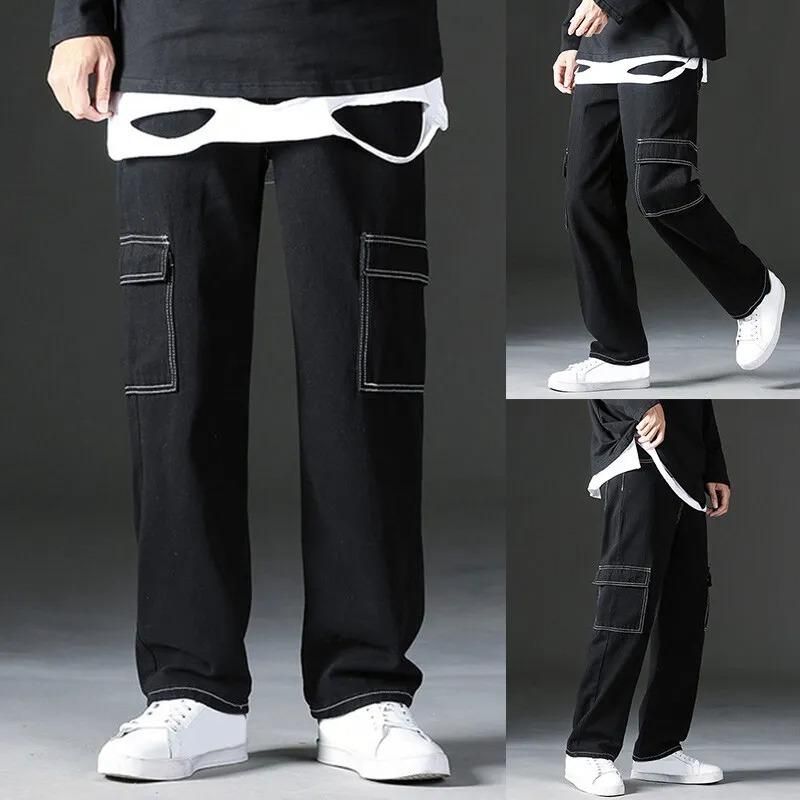 Sprouted Men's Cotton Solid Contrast Boot Leg Black Cargo Jeans Roposo Clout