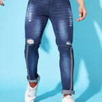 FUDE PRIDE Men's Slim Fit Mid Rise Distressed Navy Blue Jeans Roposo Clout