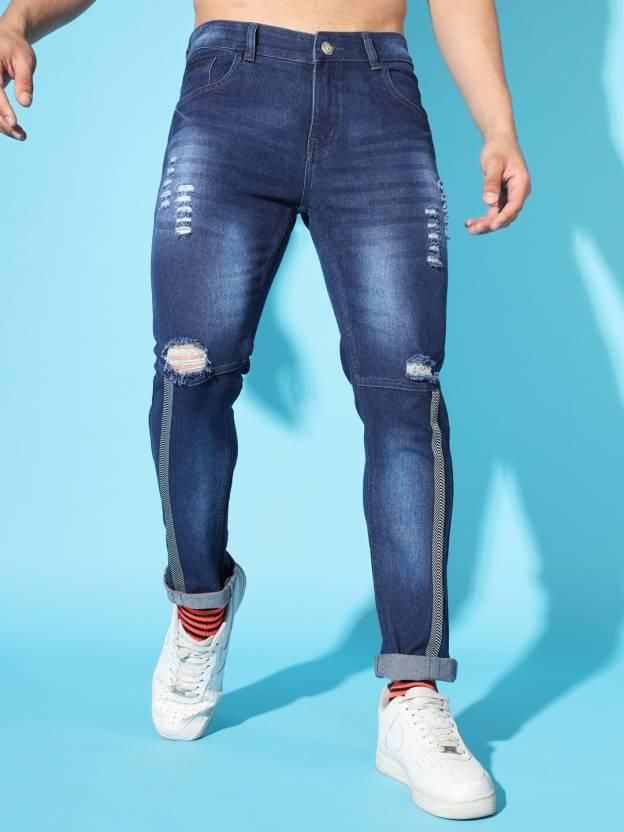 FUDE PRIDE Men's Slim Fit Mid Rise Distressed Navy Blue Jeans Roposo Clout