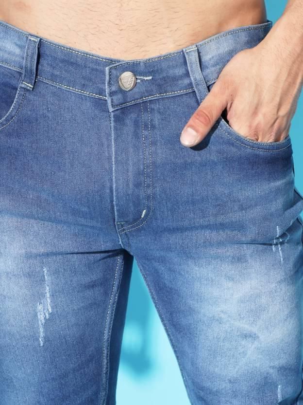 FUDE PRIDE Men's Slim Fit Mid Rise Distressed Blue Jeans Roposo Clout