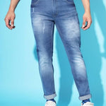 FUDE PRIDE Men's Slim Fit Mid Rise Distressed Blue Jeans Roposo Clout