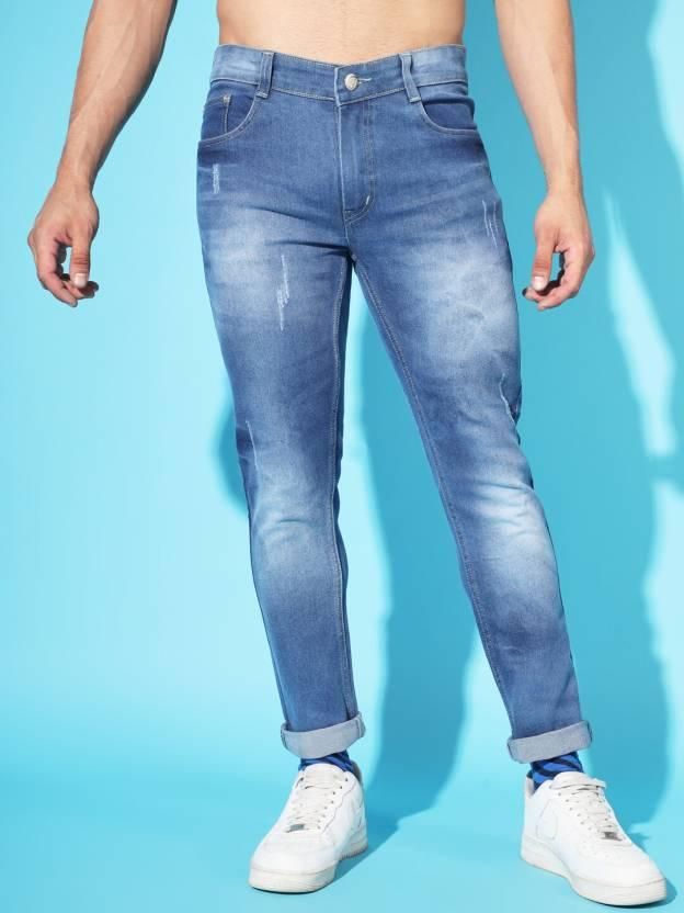 FUDE PRIDE Men's Slim Fit Mid Rise Distressed Blue Jeans Roposo Clout