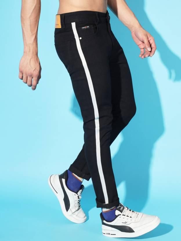 FUDE PRIDE Men's Slim Fit Mid Rise Side Tape Black Jeans Roposo Clout