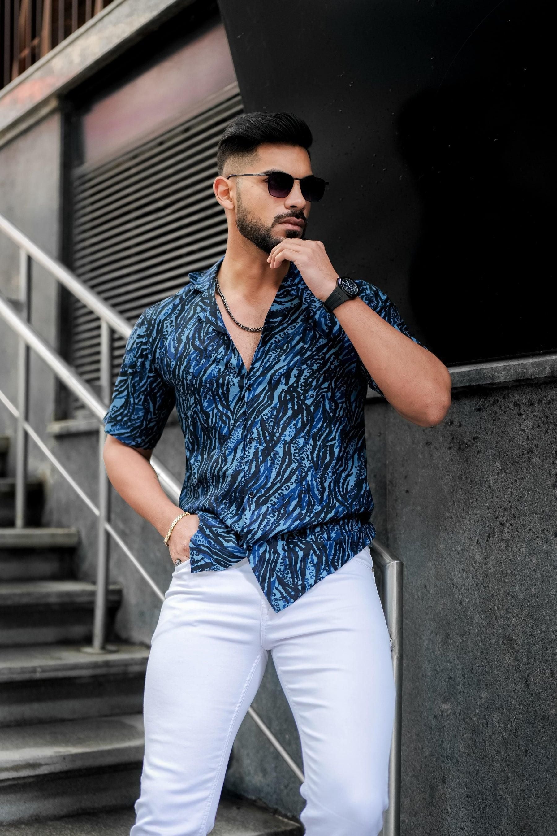 ROYAL TAIL Men's Printed Rayon Cuban Collar Casual Shirt Blue Roposo Clout