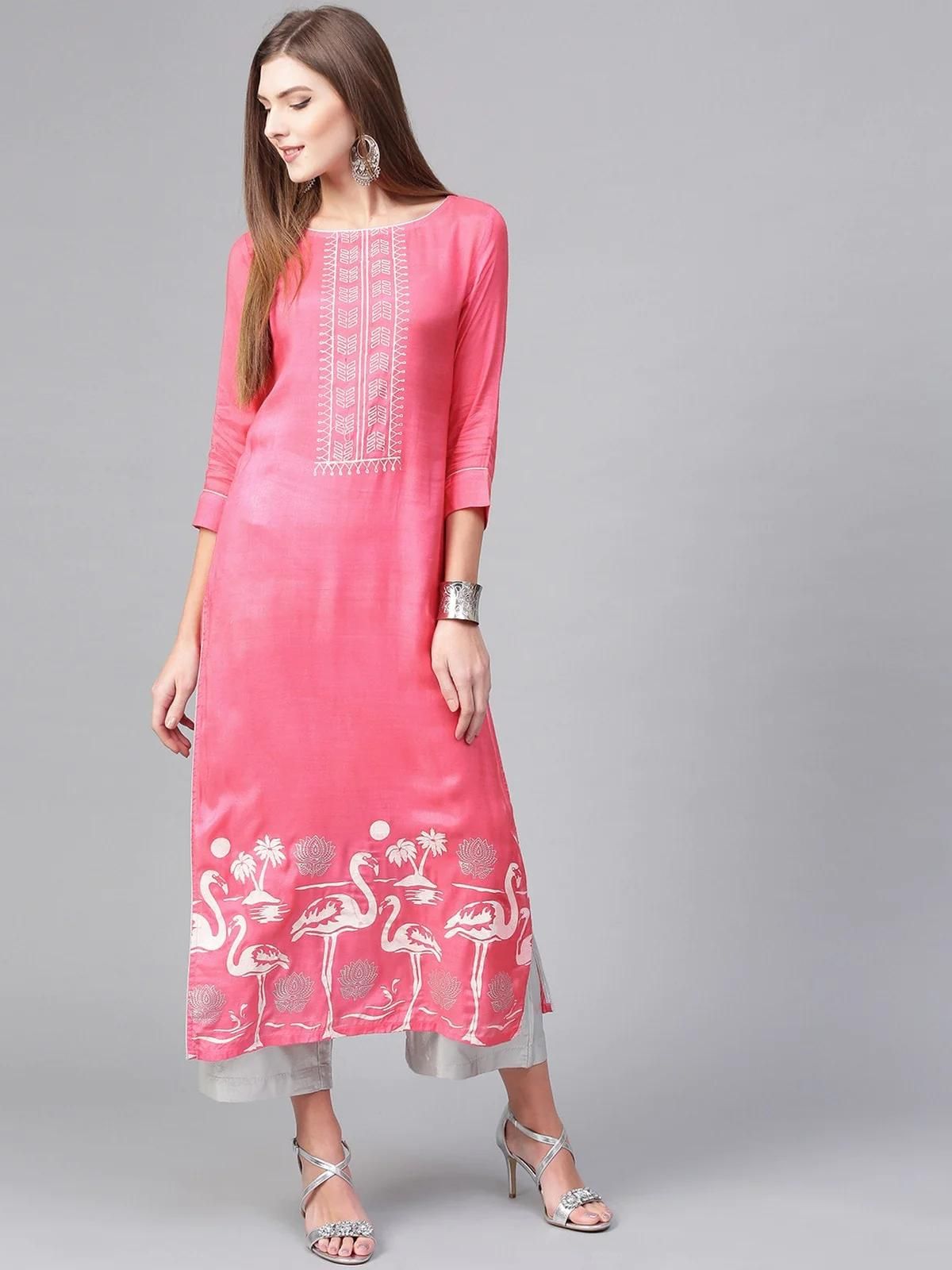 PANNKH Pink Lotus Inspired Swan Printed Kurta Roposo Clout