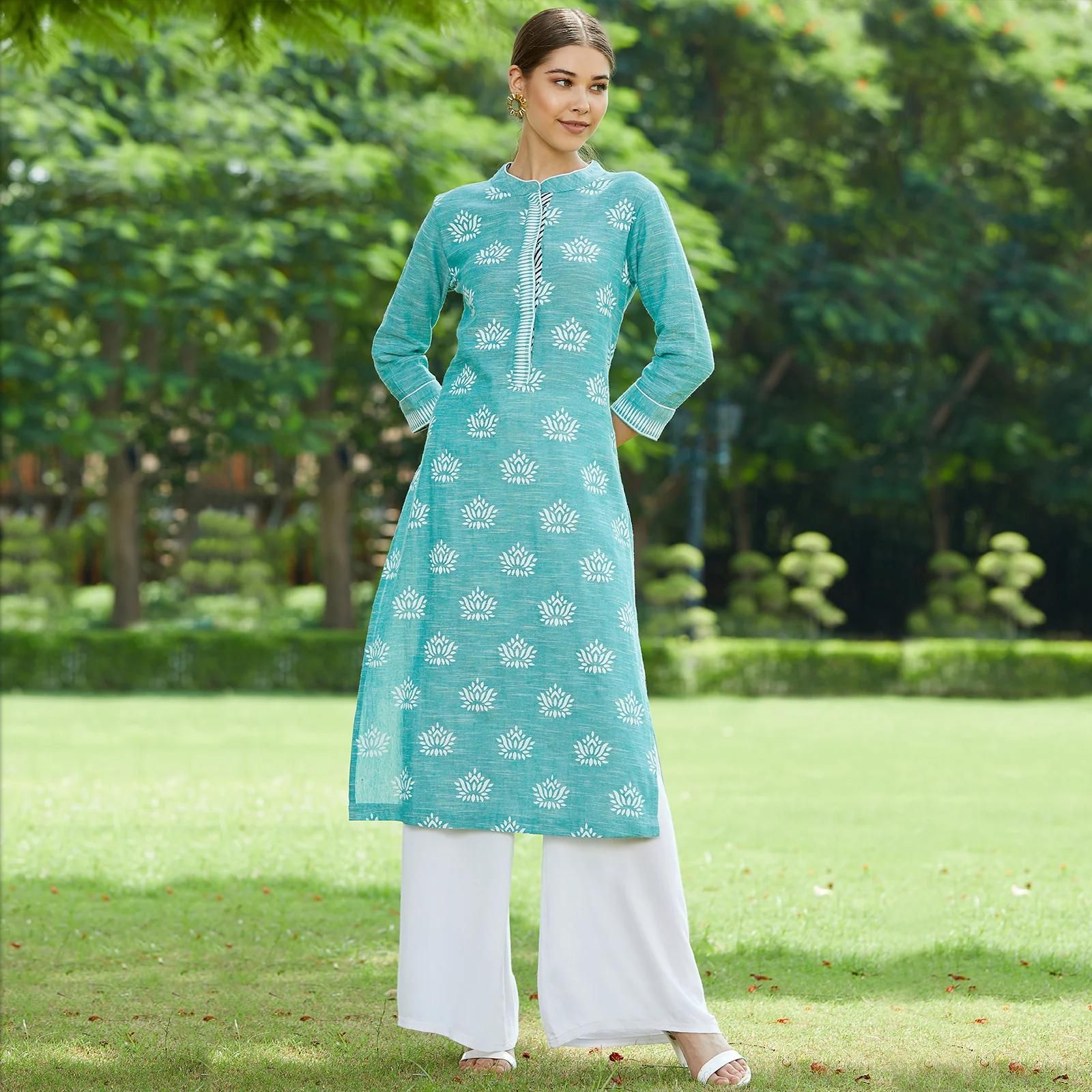 PANNKH Green Lotus Printed Chambray Kurta Roposo Clout