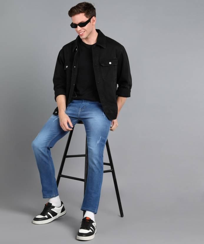 FUDE PRIDE Men's Slim Fit Mid Rise Solid Blue Jeans Roposo Clout