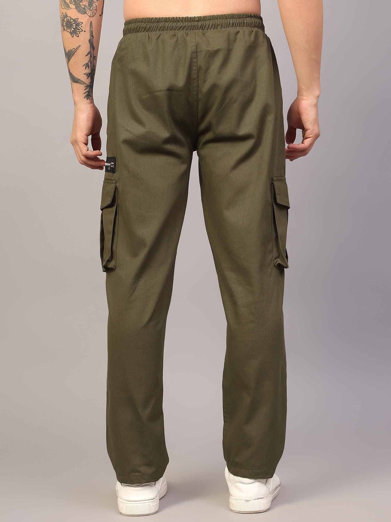 Sprouted Men's Cotton Blend Solid Multipocket Olive Cargo Pant Roposo Clout