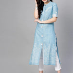 PANNKH Blue Front Tassel Printed Chambray Kurta Roposo Clout