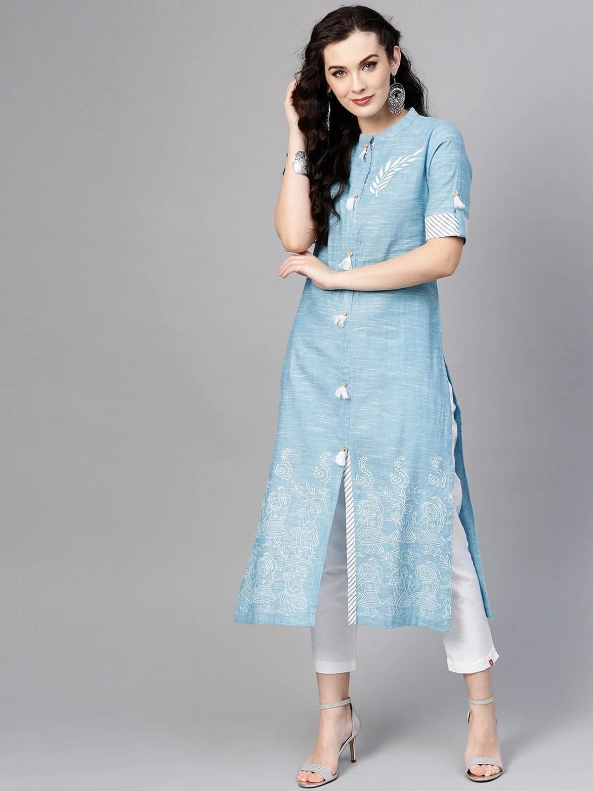 PANNKH Blue Front Tassel Printed Chambray Kurta Roposo Clout