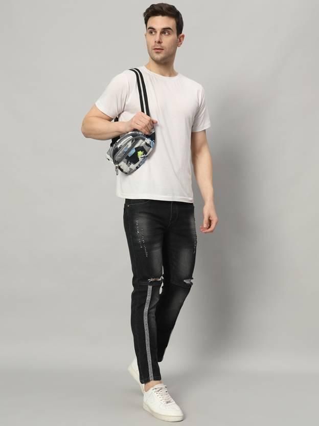 FUDE PRIDE Men's Slim Fit Mid Rise Distressed Grey Jeans Roposo Clout