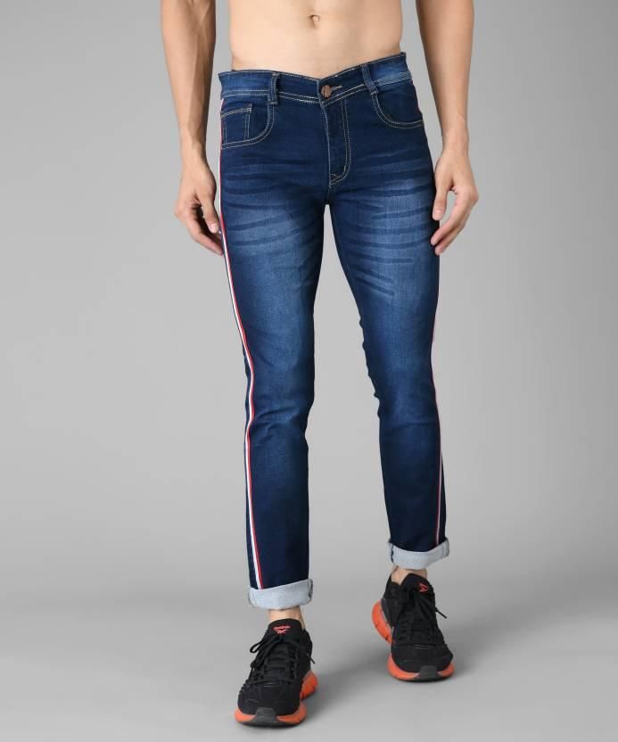 FUDE PRIDE Men's Slim Fit Mid Rise Side Tape Navy Blue Jeans Roposo Clout