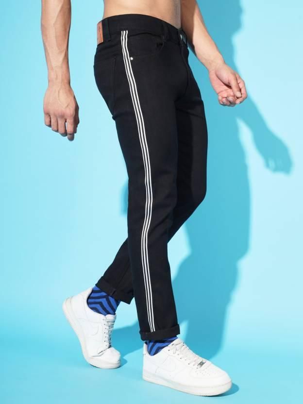 FUDE PRIDE Men's Slim Fit Mid Rise Side Tape Black Jeans Roposo Clout