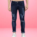 FUDE PRIDE Men's Slim Fit Mid Rise Distressed Navy Blue Jeans Roposo Clout
