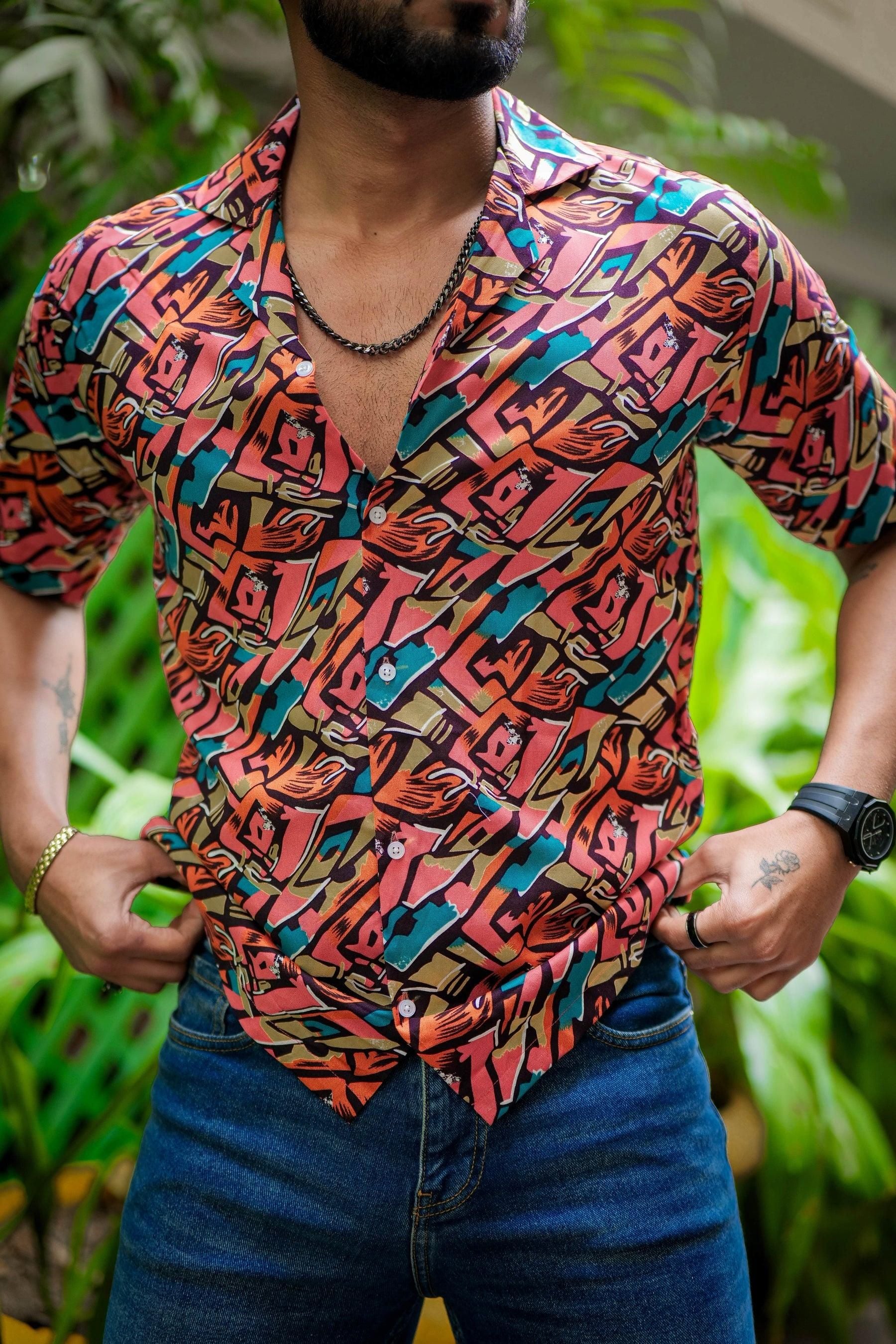 ROYAL TAIL Men's Printed Rayon Cuban Collar Casual Shirt Multicolor Roposo Clout