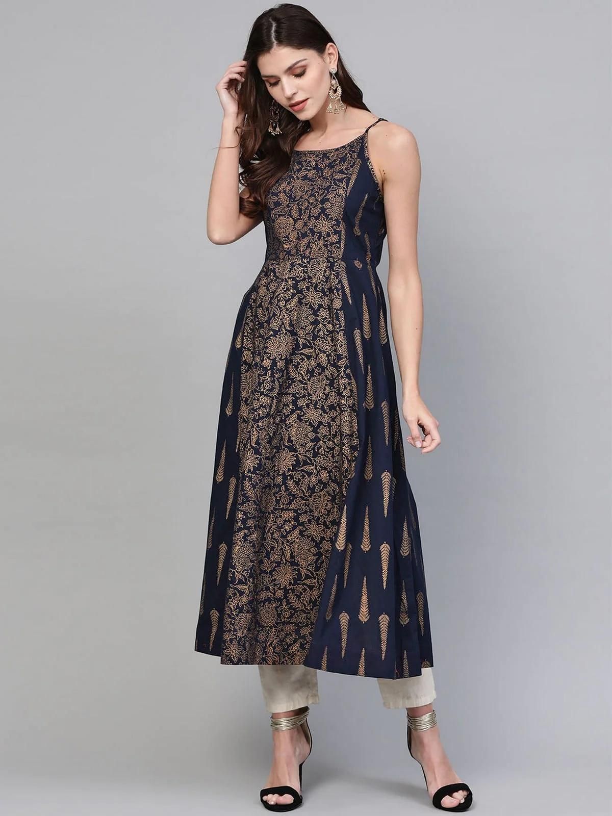 PANNKH Navy Blue Printed Strappy Kurta Roposo Clout