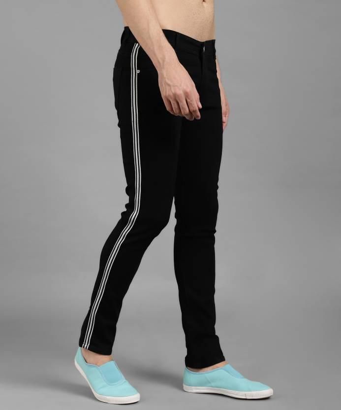 FUDE PRIDE Men's Slim Fit Mid Rise Side Tape Black Jeans Roposo Clout