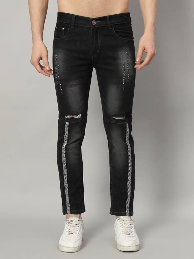 FUDE PRIDE Men's Slim Fit Mid Rise Distressed Grey Jeans Roposo Clout