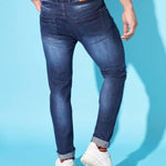 FUDE PRIDE Men's Slim Fit Mid Rise Distressed Navy Blue Jeans Roposo Clout
