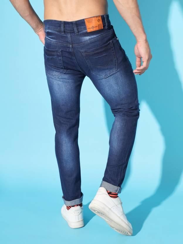 FUDE PRIDE Men's Slim Fit Mid Rise Distressed Navy Blue Jeans Roposo Clout