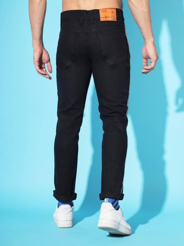 FUDE PRIDE Men's Slim Fit Mid Rise Side Tape Black Jeans Roposo Clout