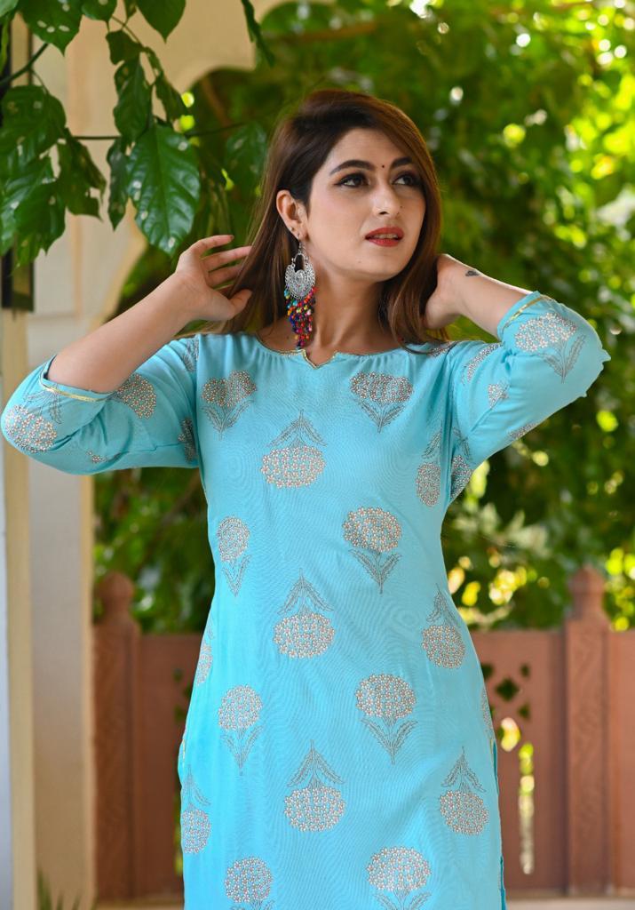 Latest Printed Rayon Kurti Palazzo Set Roposo Clout