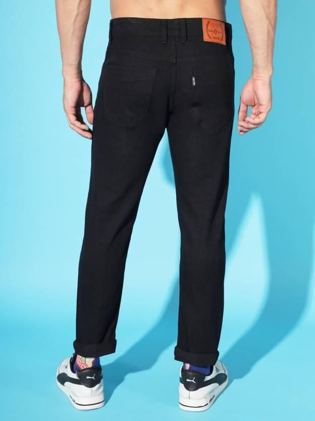 FUDE PRIDE Men's Slim Fit Mid Rise Solid Black Jeans Roposo Clout