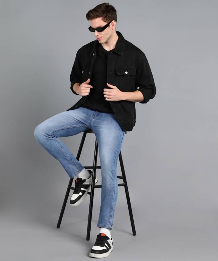 FUDE PRIDE Men's Slim Fit Mid Rise Solid Blue Jeans Roposo Clout