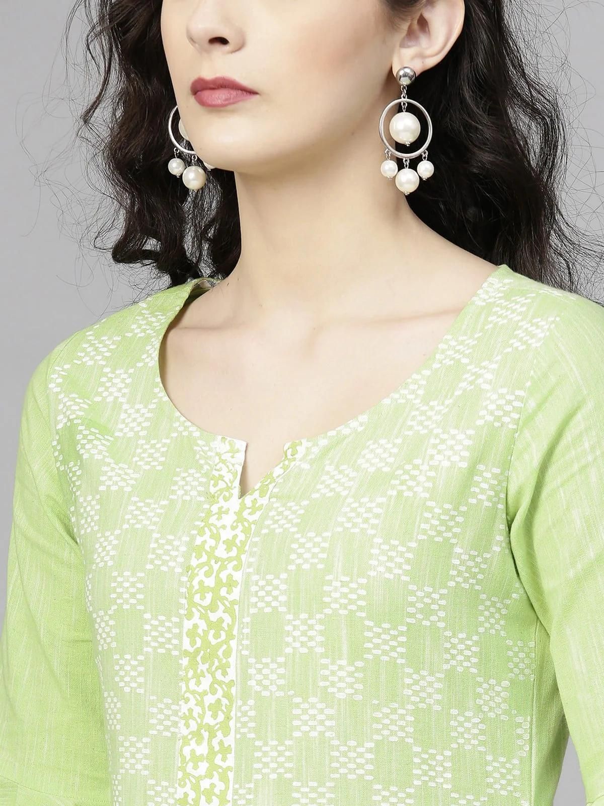 PANNKH Green Printed Chambray Kurta With Bell Sleeves Roposo Clout