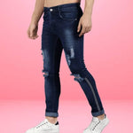 FUDE PRIDE Men's Slim Fit Mid Rise Distressed Navy Blue Jeans Roposo Clout