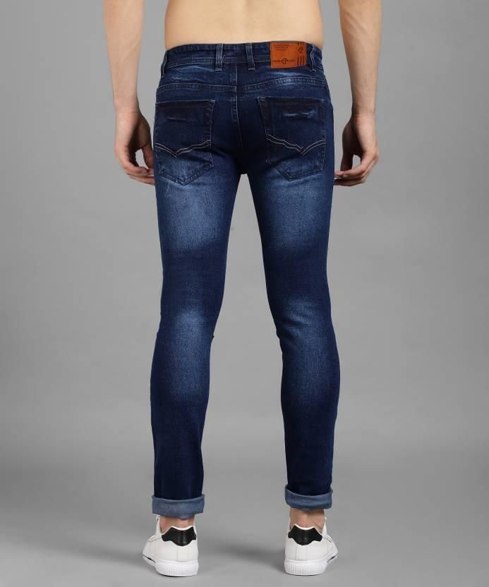 FUDE PRIDE Men's Slim Fit Mid Rise Distressed Navy Blue Jeans Roposo Clout