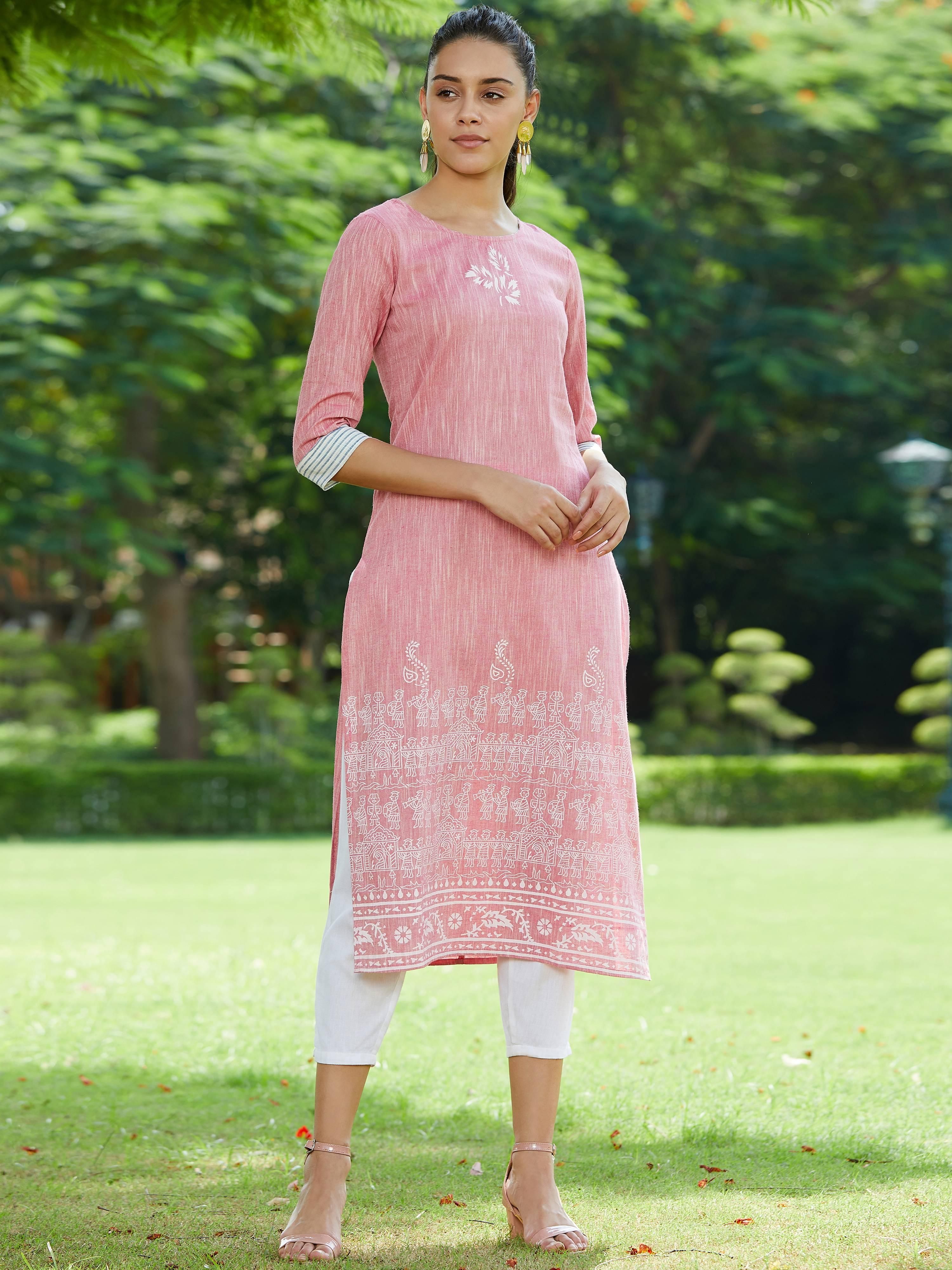 PANNKH Pink Madhubani Block Printed Chambray Kurta Roposo Clout