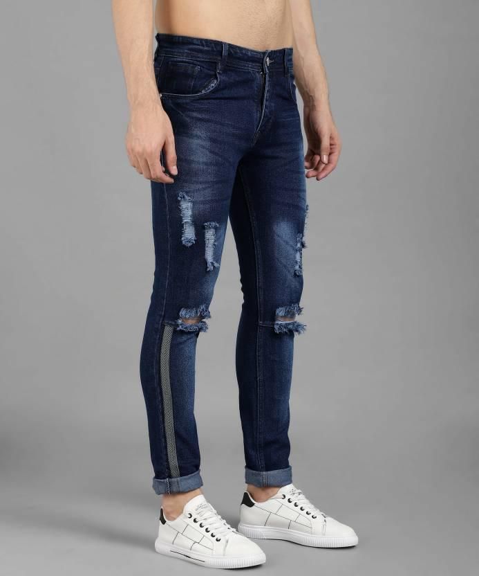 FUDE PRIDE Men's Slim Fit Mid Rise Distressed Navy Blue Jeans Roposo Clout