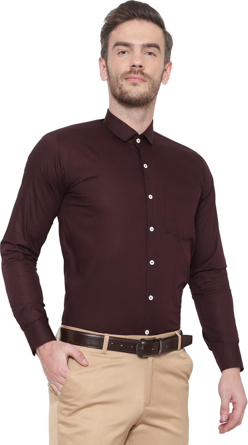 SREY Men Slim Fit Solid Brown Formal Shirt Roposo Clout