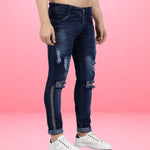 FUDE PRIDE Men's Slim Fit Mid Rise Distressed Navy Blue Jeans Roposo Clout