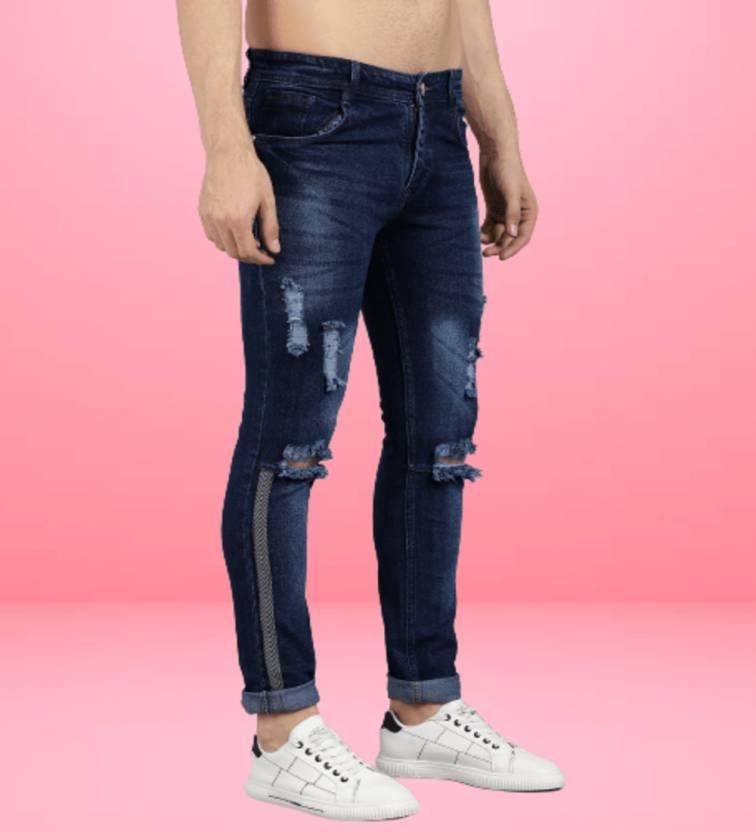 FUDE PRIDE Men's Slim Fit Mid Rise Distressed Navy Blue Jeans Roposo Clout