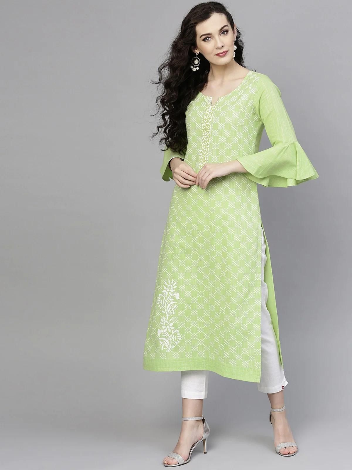 PANNKH Green Printed Chambray Kurta With Bell Sleeves Roposo Clout
