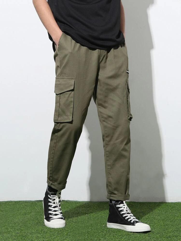 Sprouted Men's Cotton Solid Multipocket Olive Cargo Pant Slim Fit Roposo Clout