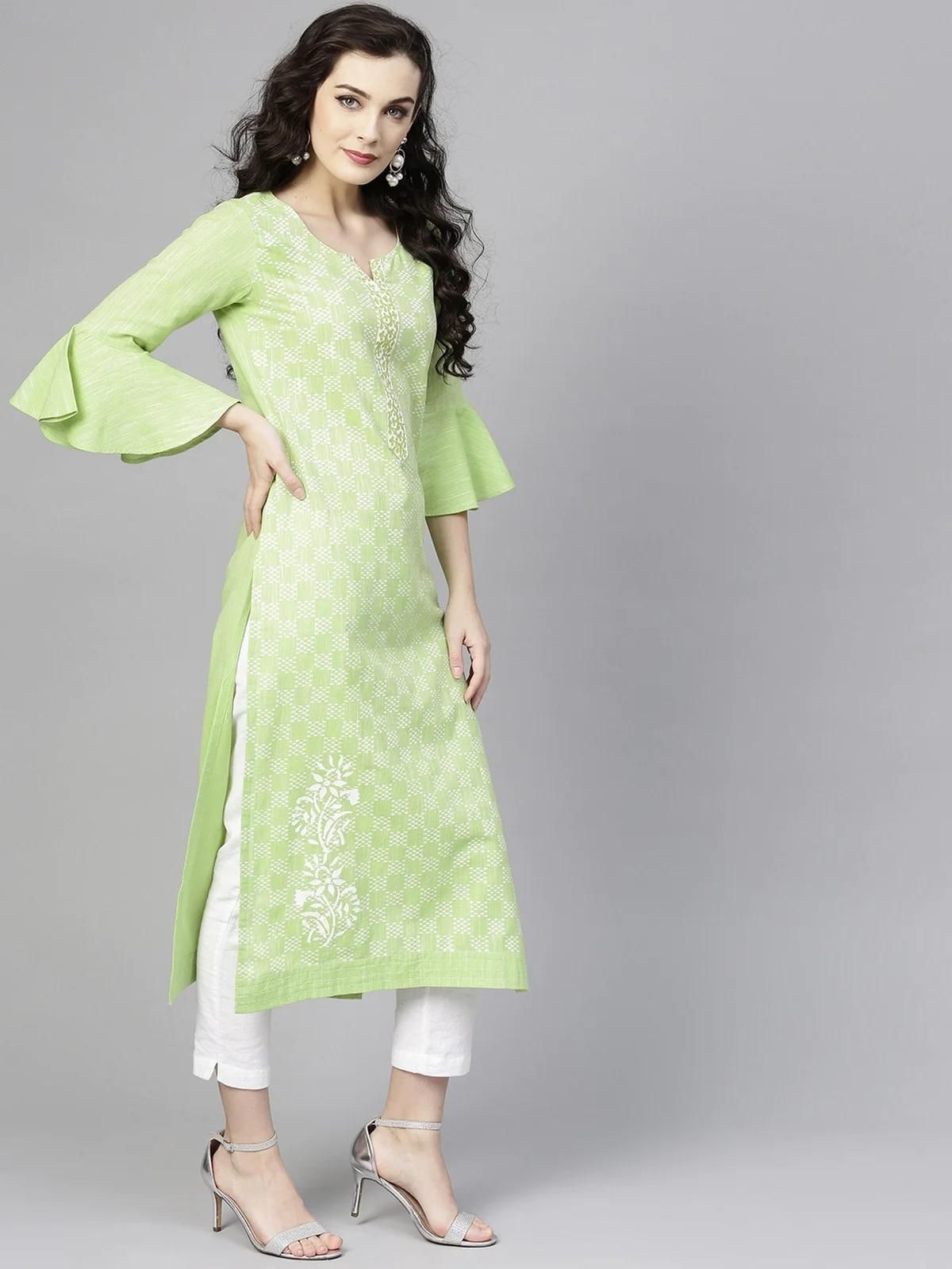 PANNKH Green Printed Chambray Kurta With Bell Sleeves Roposo Clout