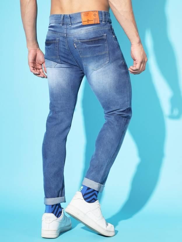 FUDE PRIDE Men's Slim Fit Mid Rise Distressed Blue Jeans Roposo Clout