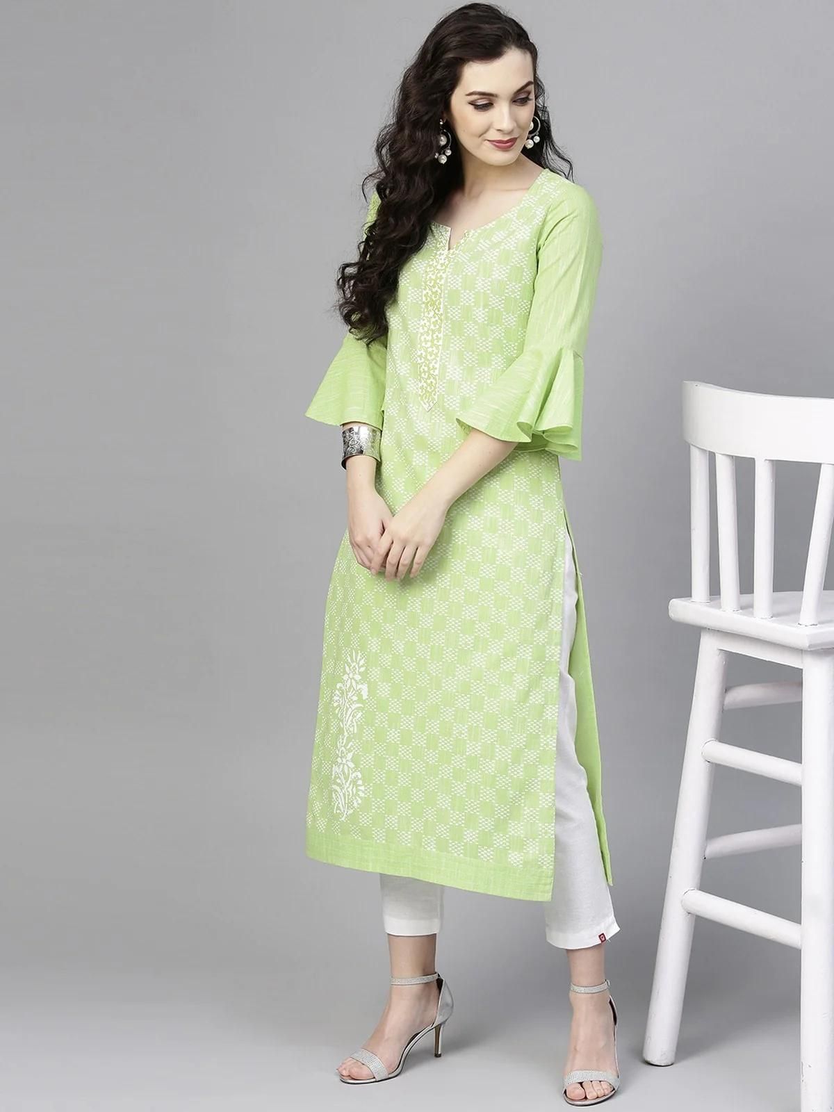 PANNKH Green Printed Chambray Kurta With Bell Sleeves Roposo Clout