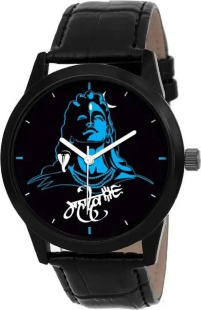 Mahadev Black Leather Men Watch