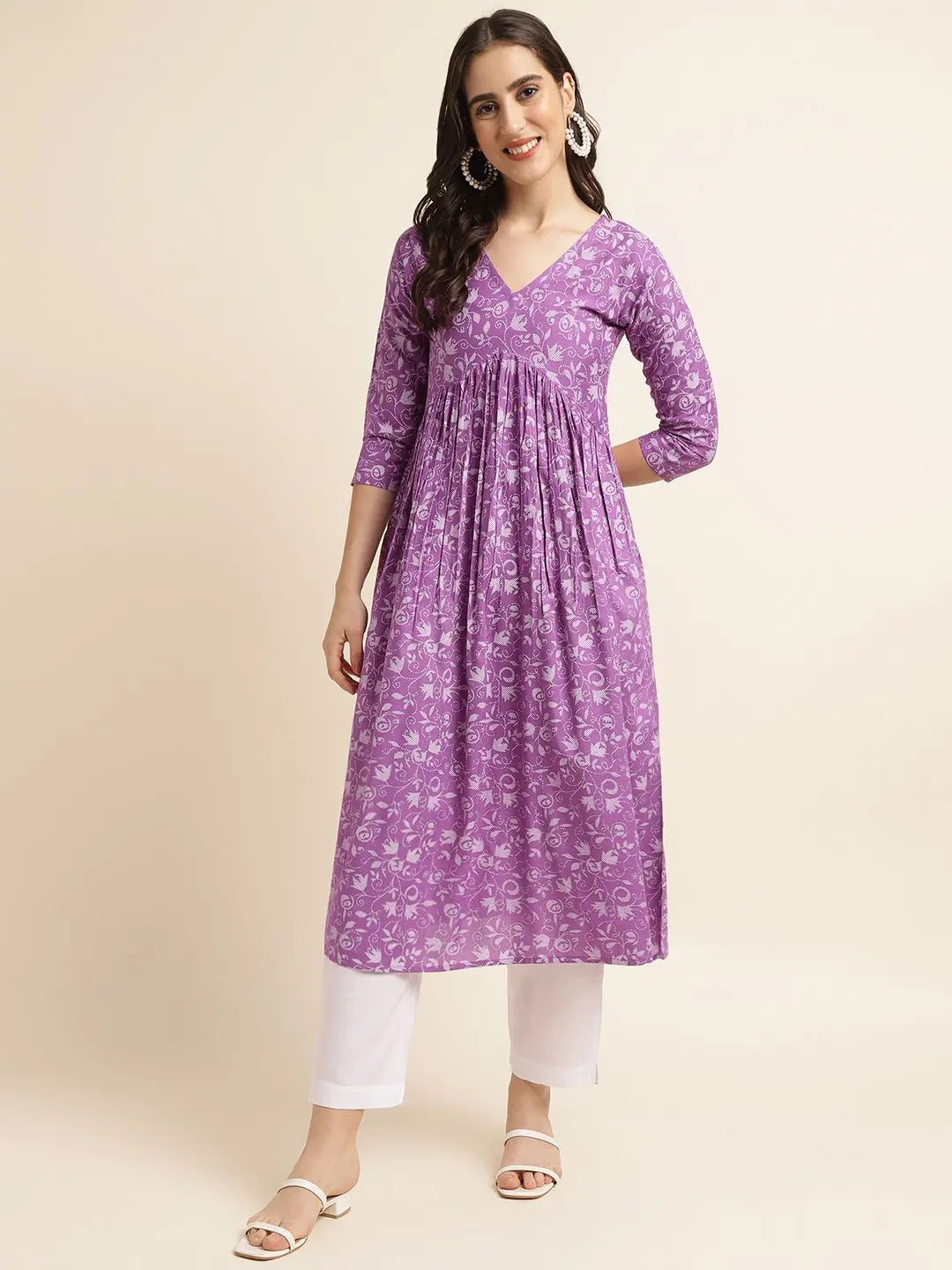 Fabclub Rayon Anarkali Printed Women Kurti (Purple) - shoponez.com